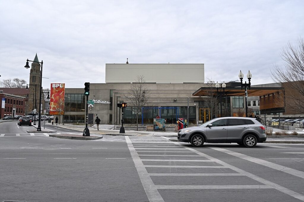 The north side of the Shaw-Roxbury Branch of the Boston Public Library, as seen from across Dudley Street