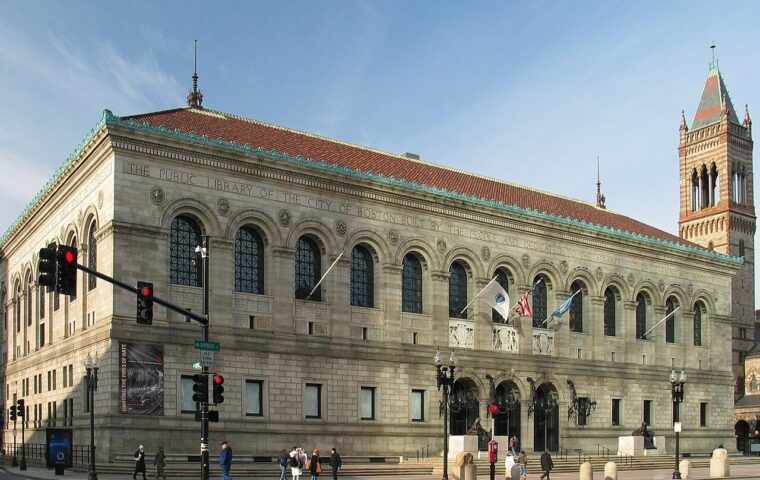 Boston Public Library, McKim building. The peculiar lighting is from sunlight reflected off a highrise nearby.